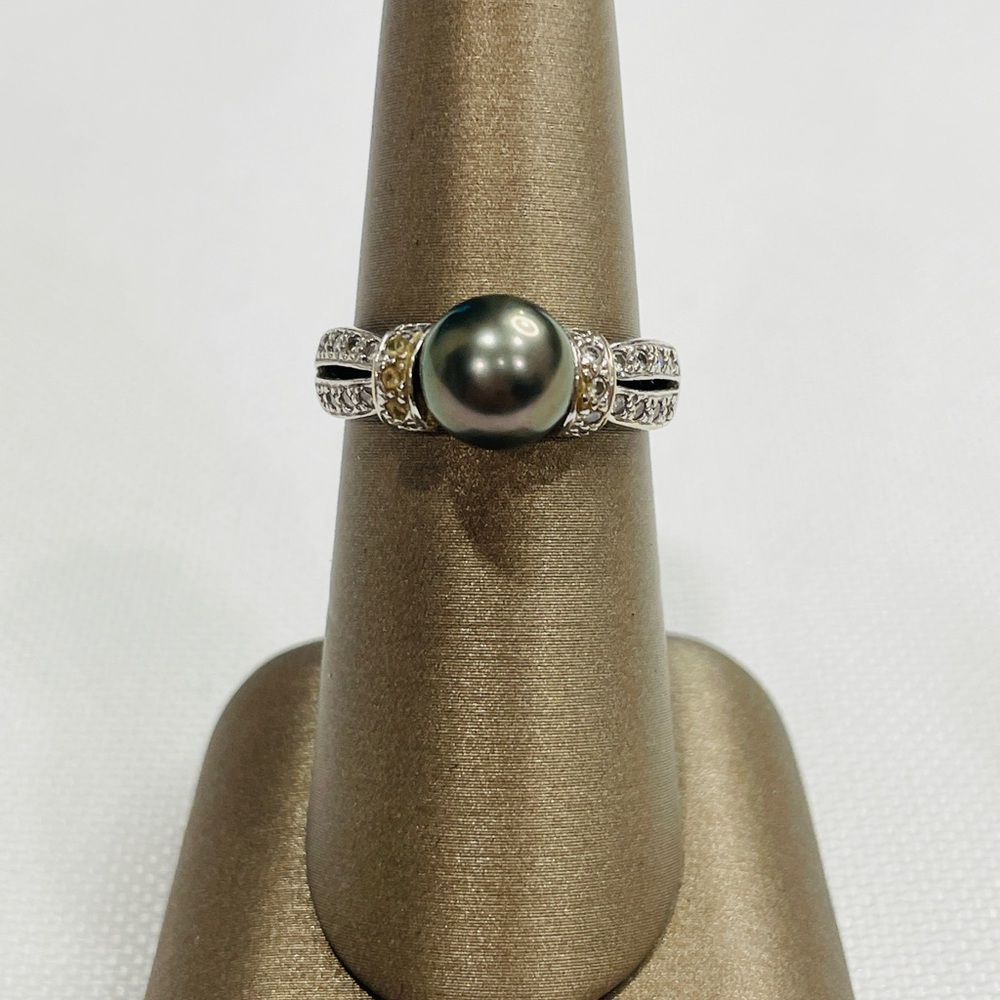 14K White gold Tahitian Black Pearl And Diamond Ring Sz 6.75